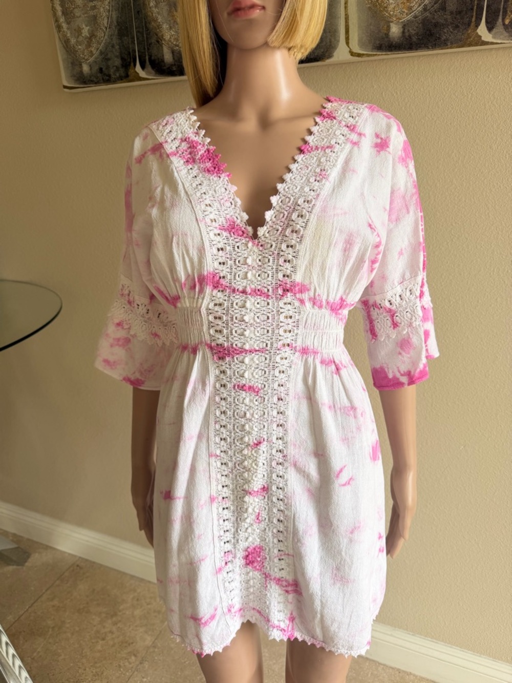 White & Pink Tie-Dye Crochet-Trim Mini Dress